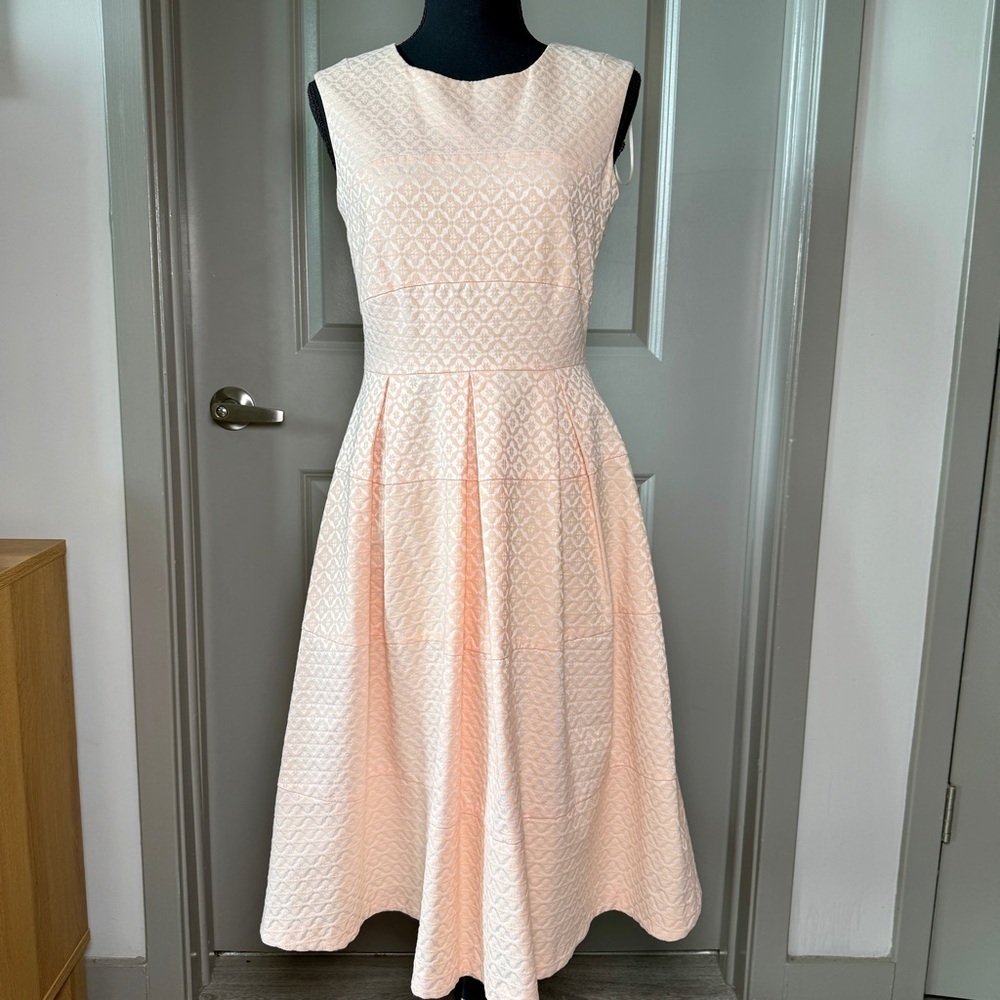 Jonathan Saunders Peach Jacquard Midi Dress Size 6 US Diamond Cutout Retro Style